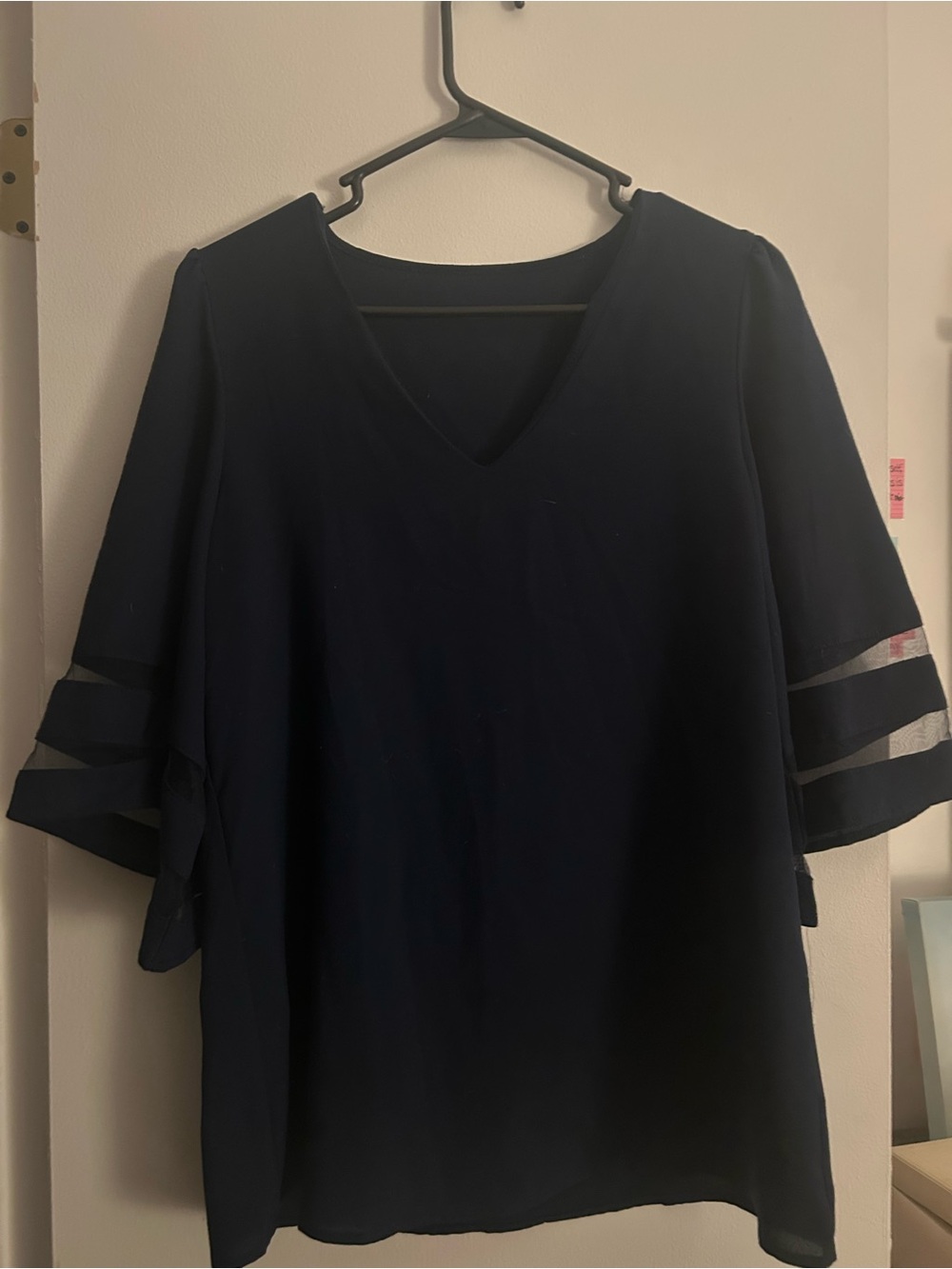 Navy V-Neck Blouse with Sheer Stripe Sleeve Detail